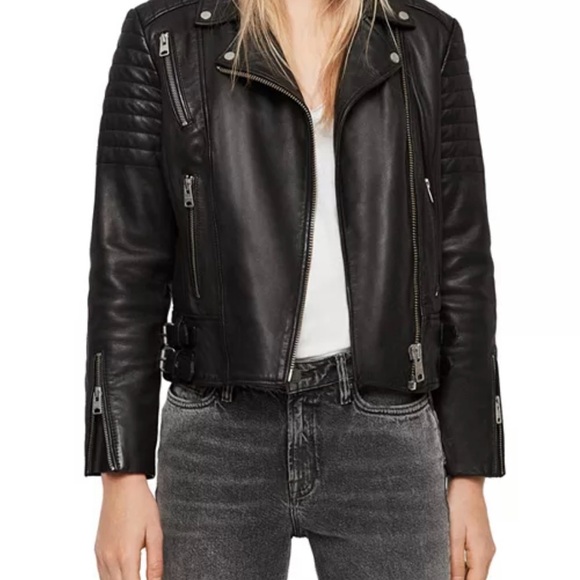 All Saints Black Leather Biker Jacket with Quilted Shoulders (Papin) - Picture 3 of 11